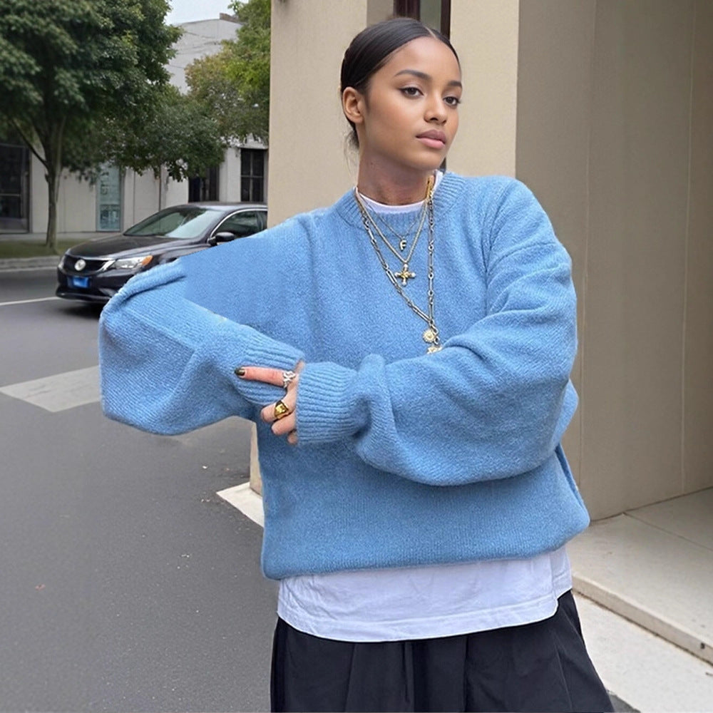 Damen Flauschiger Boxy Strickpullover aus Alpaka-Mix mit weitem Rundhalsausschnitt Nord Taschen