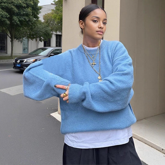 Damen Flauschiger Boxy Strickpullover aus Alpaka-Mix mit weitem Rundhalsausschnitt Nord Taschen