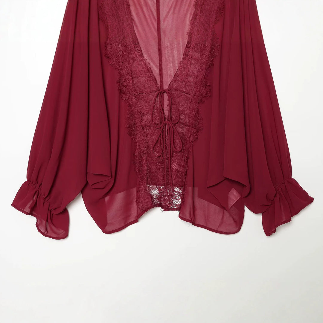 Damen Fließende Kimono‑Bluse mit Spitzenbesatz und Bindeband Nord Taschen
