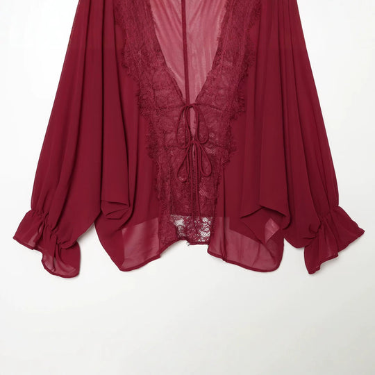 Damen Fließende Kimono‑Bluse mit Spitzenbesatz und Bindeband Nord Taschen