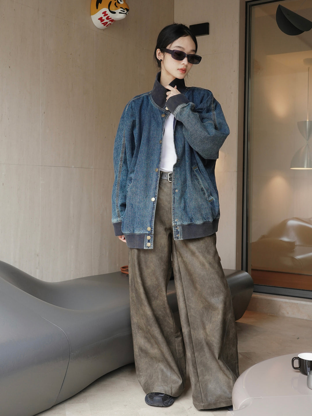 Damen Oversized Jeans-Bomberjacke mit Rippkragen und Druckknopffront Nord Taschen