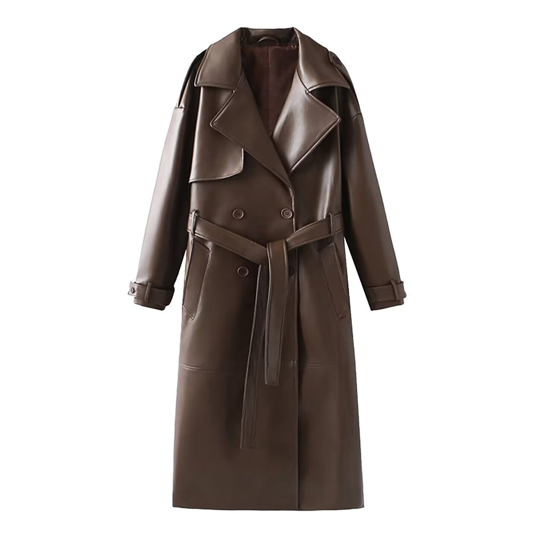 Damen 40+ langer Trenchcoat aus Kunstleder mit Taillengürtel und doppelreihiger Knopfleiste Nord Taschen