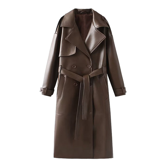 Damen 40+ langer Trenchcoat aus Kunstleder mit Taillengürtel und doppelreihiger Knopfleiste Nord Taschen