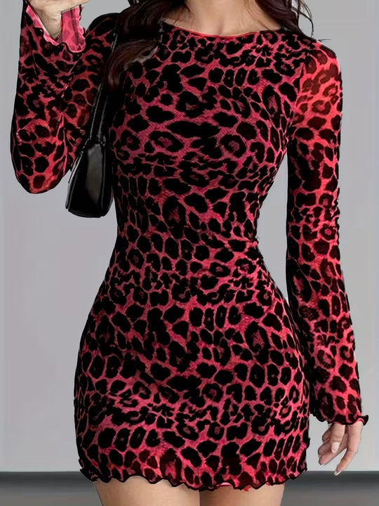 Damen Figurbetontes Mesh-Minikleid mit Leo-Print und Langarm Nord Taschen