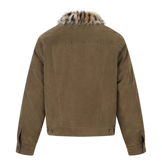 Herren Veloursleder-Truckerjacke mit Kunstfellkragen, Nietenbesatz und Druckknopfverschluss Nord Taschen