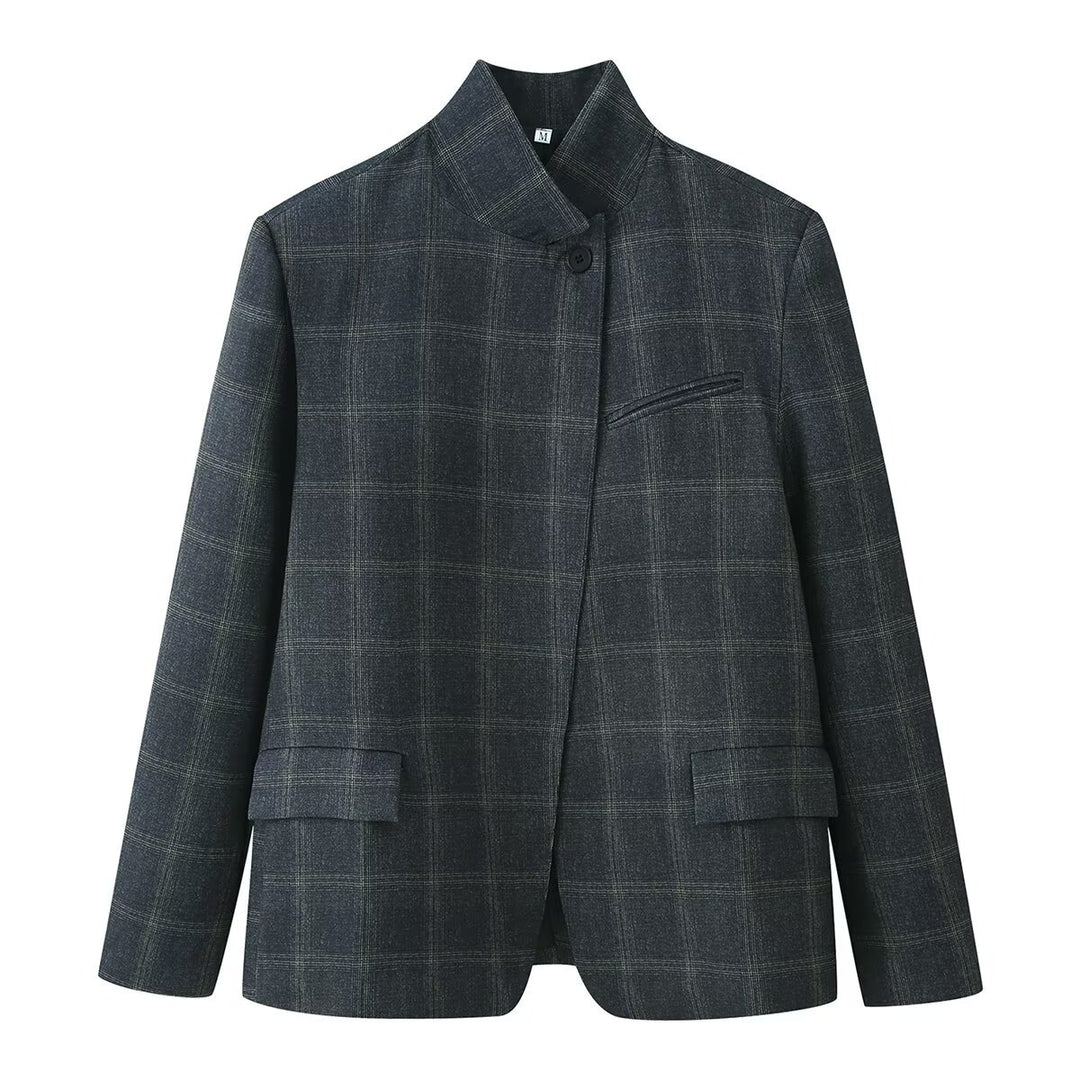 Damen Kastenblazer mit Stehkragen, asymmetrischer Ein-Knopf-Leiste und feinem Karodessin Nord Taschen