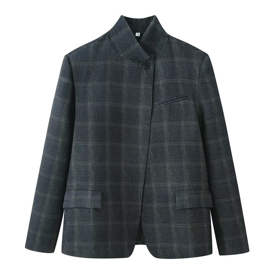 Damen Kastenblazer mit Stehkragen, asymmetrischer Ein-Knopf-Leiste und feinem Karodessin Nord Taschen