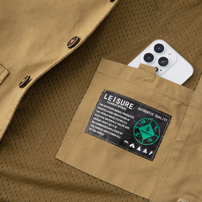 Herren Ärmellose Utility-Canvas-Weste mit V‑Ausschnitt, Knopfleiste und aufgesetzten Taschen Nord Taschen
