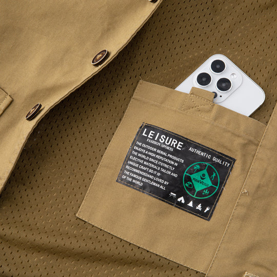 Herren Ärmellose Utility-Canvas-Weste mit V‑Ausschnitt, Knopfleiste und aufgesetzten Taschen Nord Taschen