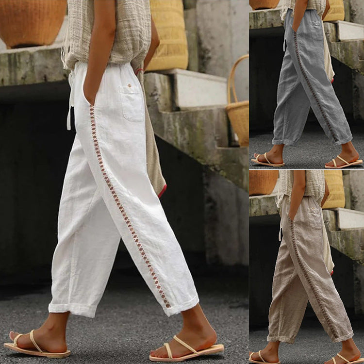 Damen Leichte Leinenhose mit seitlichen Knopfdetails