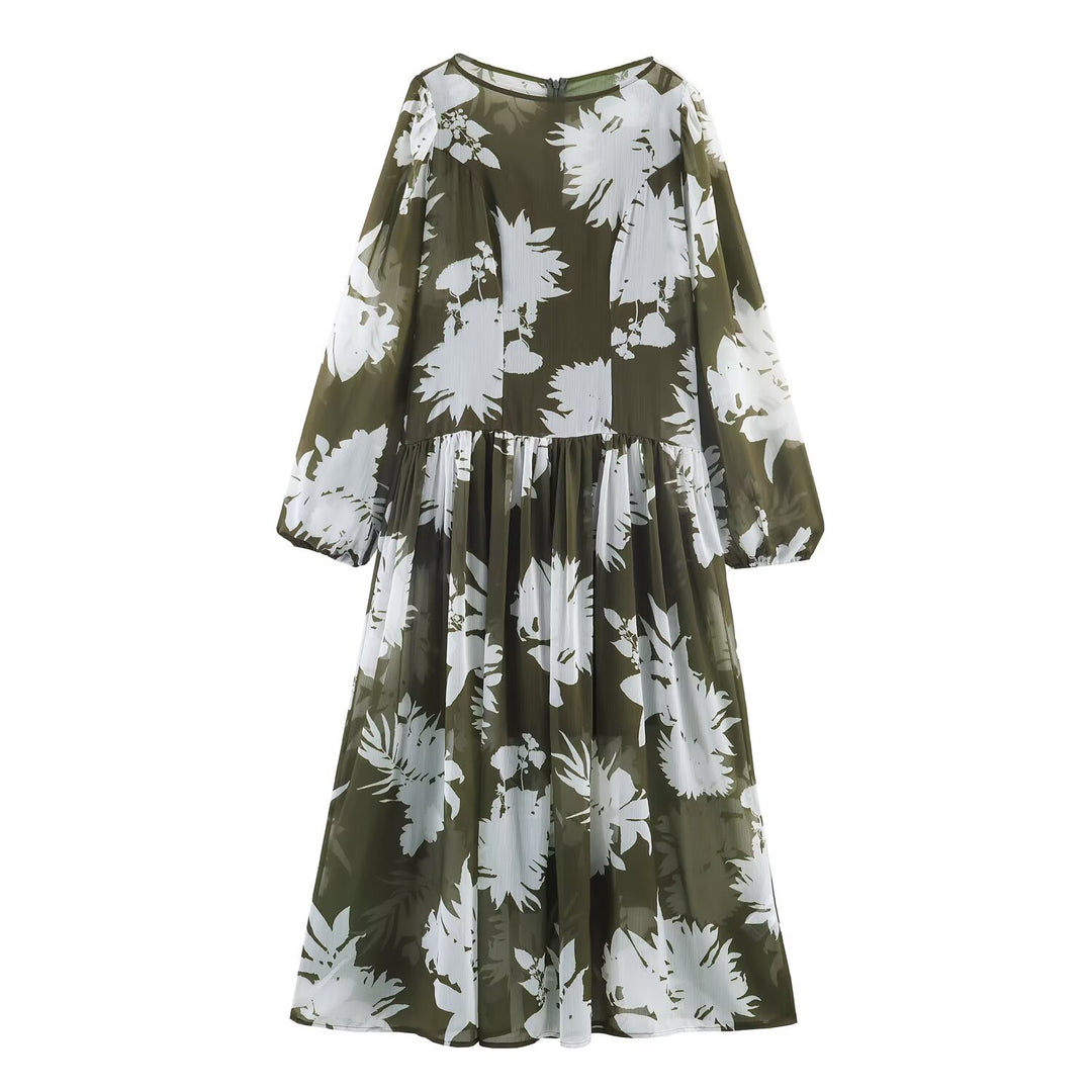 Damen Midikleid mit voluminösen Ballonärmeln, Stufenrock und floralem Print Nord Taschen