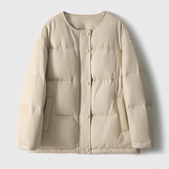 Damen Kurz geschnittene wattierte Kunstlederjacke mit Rundhalsaum und Druckknopfleiste Nord Taschen