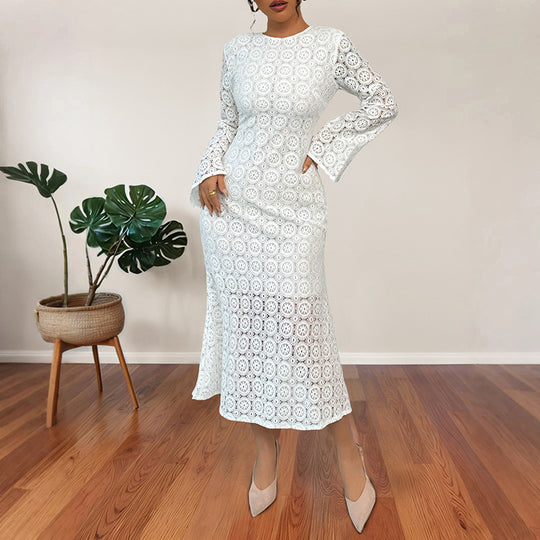 Damen Midikleid aus Häkelspitze mit taillierter Silhouette, Trompetenärmeln und ausgestelltem Saum Nord Taschen