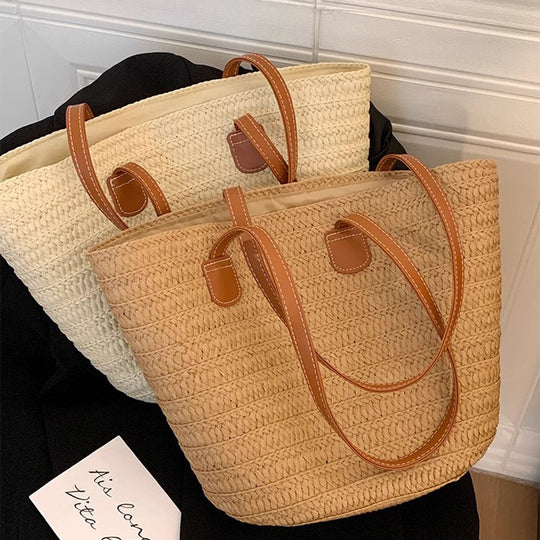 Damen geflochtene Strandtasche mit eleganten Ledergriffen und geräumigem Innenraum Nord Taschen