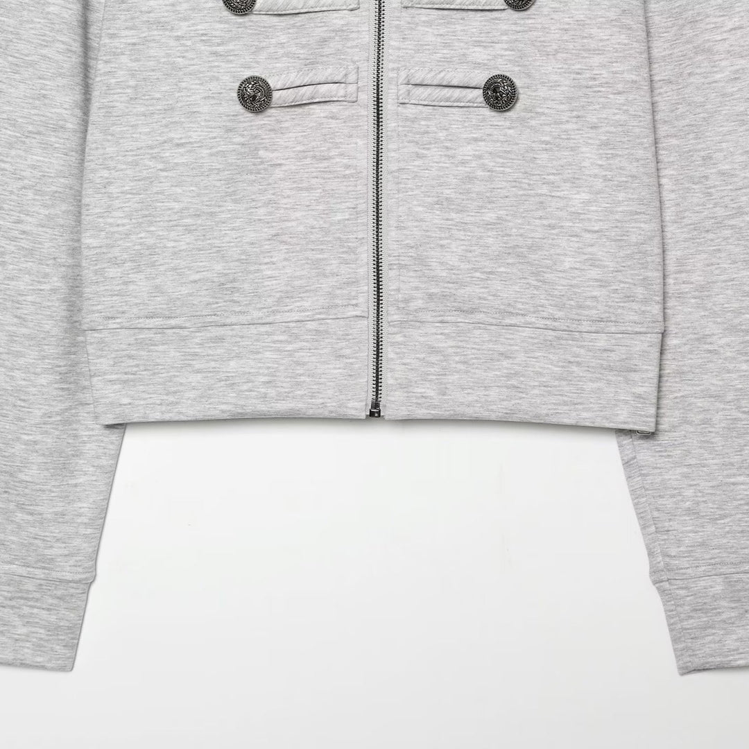 Damen Cropped Sweatjacke mit Stehkragen und militärischen Zierknopfreihen Nord Taschen
