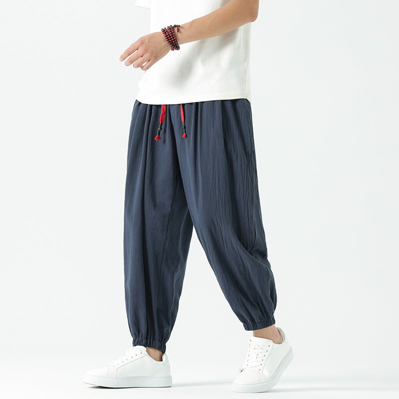 Herren locker geschnittene Leinen-Baumwoll Hose mit Kordelzug und elastischen Bündchen Nord Taschen