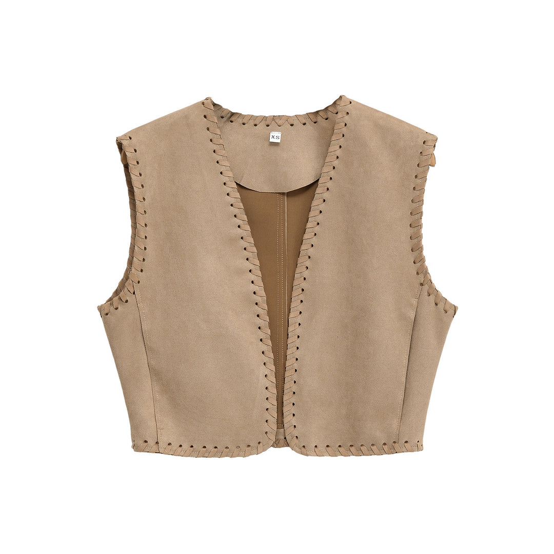 Damen Kurze Wildlederoptik‑Weste mit Ziernaht‑Whipstitch und taillierten Abnähern Nord Taschen
