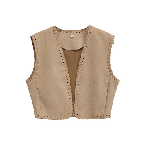 Damen Kurze Wildlederoptik‑Weste mit Ziernaht‑Whipstitch und taillierten Abnähern Nord Taschen
