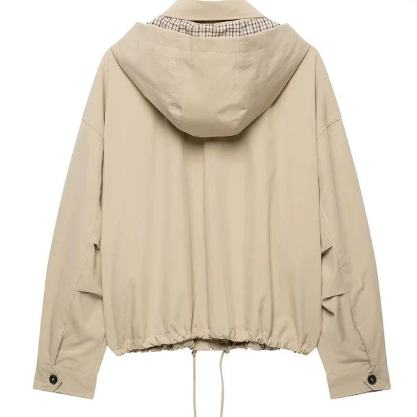 Damen Leichte Kapuzenjacke im Boxy‑Schnitt mit Kordelzug und Karofutter Nord Taschen