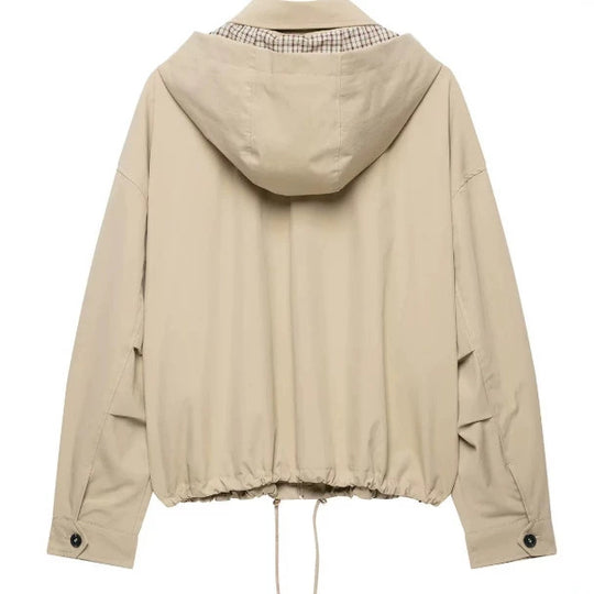 Damen Leichte Kapuzenjacke im Boxy‑Schnitt mit Kordelzug und Karofutter Nord Taschen
