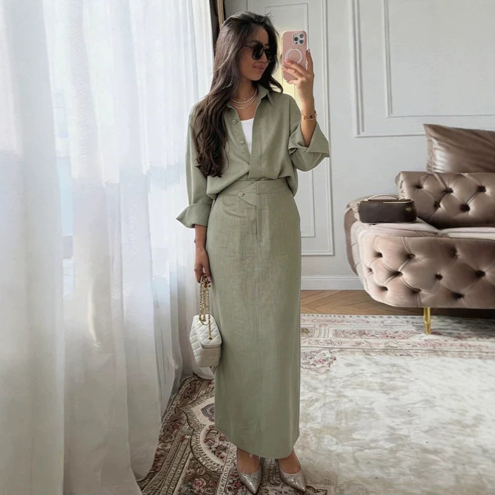 Damen Zweiteiliges Leinen-Set mit Oversized-Hemd und tailliertem Maxirock Nord Taschen