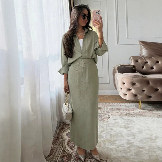 Damen Zweiteiliges Leinen-Set mit Oversized-Hemd und tailliertem Maxirock Nord Taschen