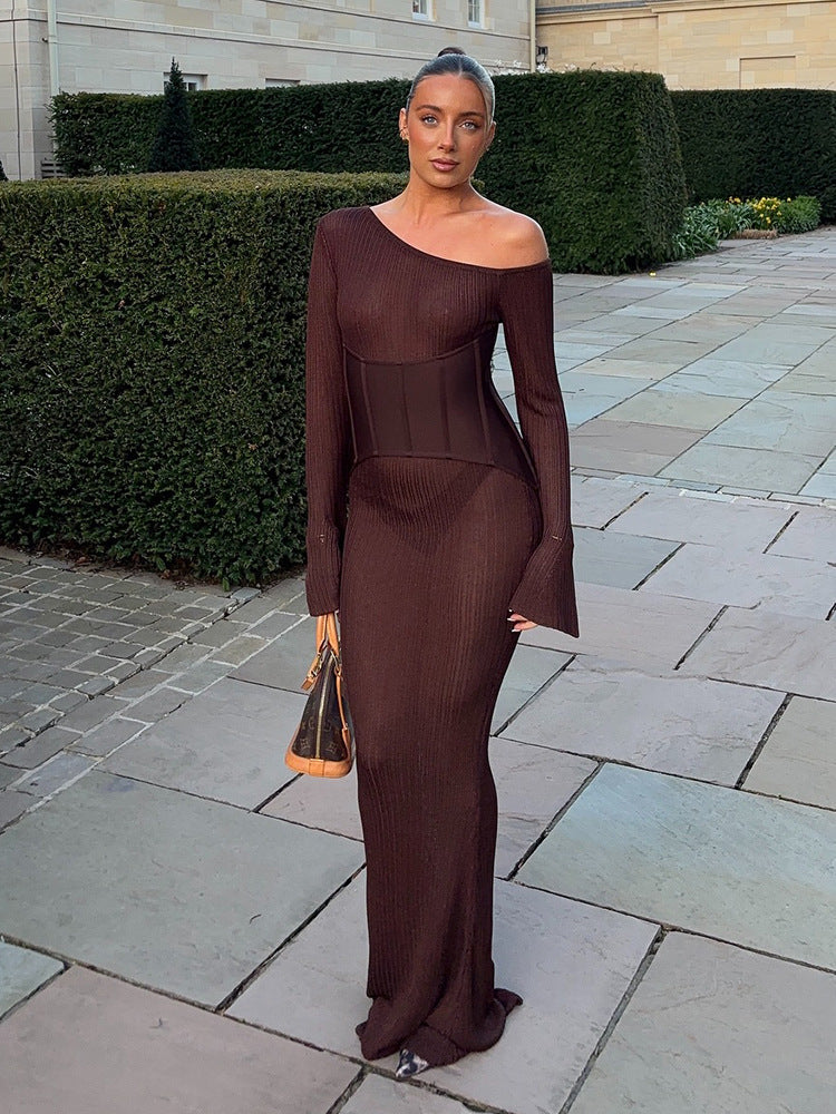 Damen One-Shoulder Maxikleid mit formendem Korsettbund und Rippstrick Nord Taschen