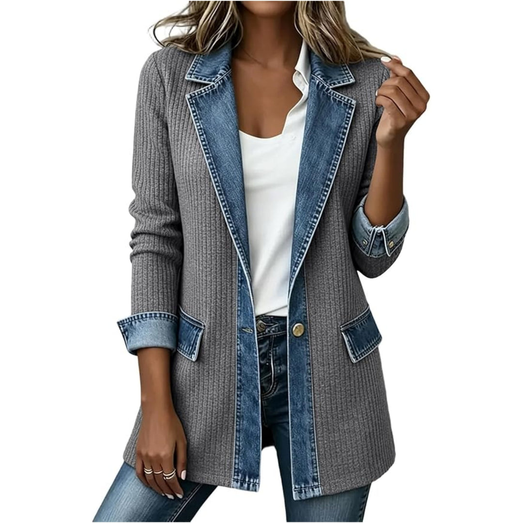 Damen Strickblazer mit Jeansbesatz und Reverskragen Nord Taschen