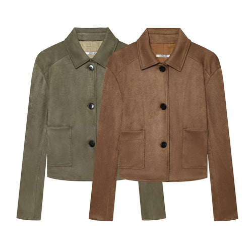 Damen Kurz geschnittener Velourslederblouson mit Hemdkragen und aufgesetzten Pattentaschen Nord Taschen