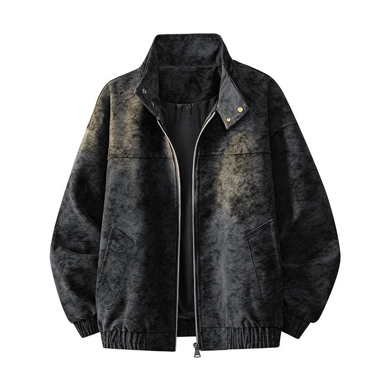 Herren Oversize-Boxy-Jacke in Veloursleder-Optik mit hohem Stehkragen, Zwei-Wege-Reißverschluss & Tunnelzugsaum Nord Taschen