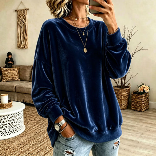 Damen Oversize-Samtpullover mit weitem Schnitt und geripptem Saum Nord Taschen
