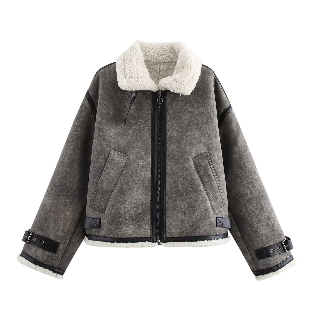 Damen Oversized Fliegerjacke mit Teddyfutter, Kunstlederbesatz und Schnallen Nord Taschen