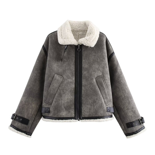 Damen Oversized Fliegerjacke mit Teddyfutter, Kunstlederbesatz und Schnallen Nord Taschen