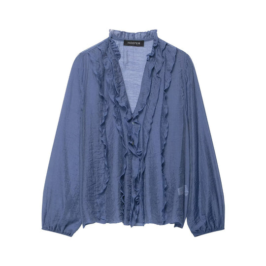Damen Leichte Chiffon-Bluse mit Volantknopfleiste und Ballonärmeln Nord Taschen