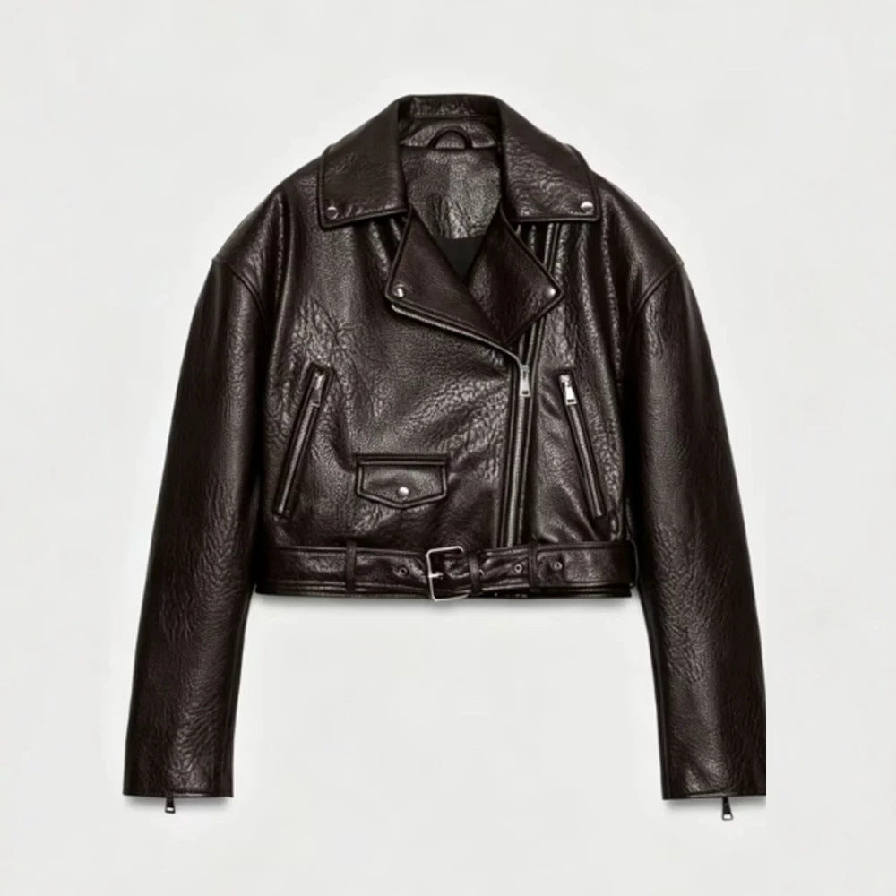Damen Kurz geschnittene Bikerjacke aus Kunstleder mit Taillengürtel und asymmetrischem Reißverschluss Nord Taschen