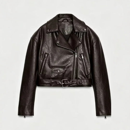 Damen Kurz geschnittene Bikerjacke aus Kunstleder mit Taillengürtel und asymmetrischem Reißverschluss Nord Taschen