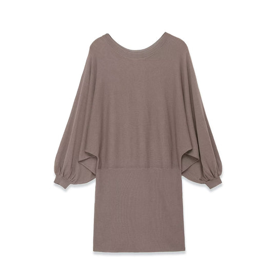 Damen Strickkleid mit überschnittenem Fledermaus-Poncho und Ballonärmeln Nord Taschen