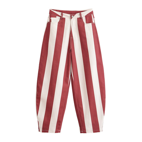 Damen Weite High-Waist Stoffhose mit breiten Längsstreifen und klassischer Taschenaufteilung Nord Taschen