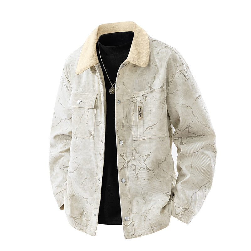 Men's  marbled corduroy sherpa-collar overshirt jacket with flap chest pockets Nord Taschen
