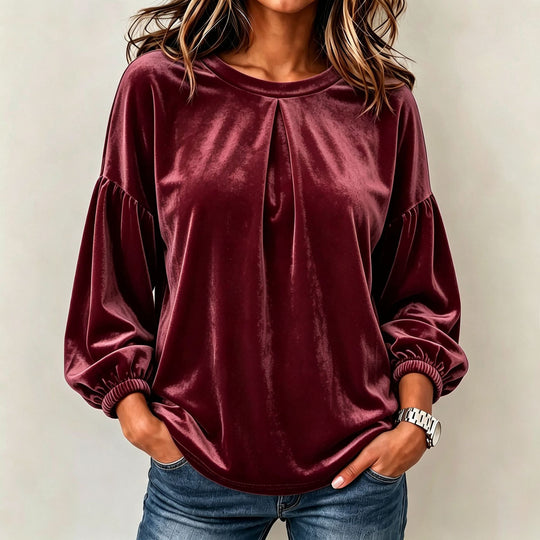 Damen Samt-Relaxed-Top mit Faltenblende am Ausschnitt, Ballonärmeln und Elastikbündchen Nord Taschen