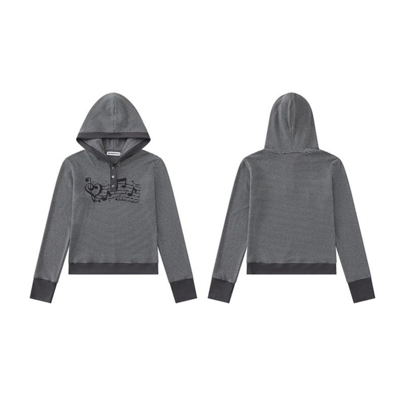 Damen Kapuzen-Henley-Pullover aus leichtem Streifenjersey mit Musik-Print Nord Taschen