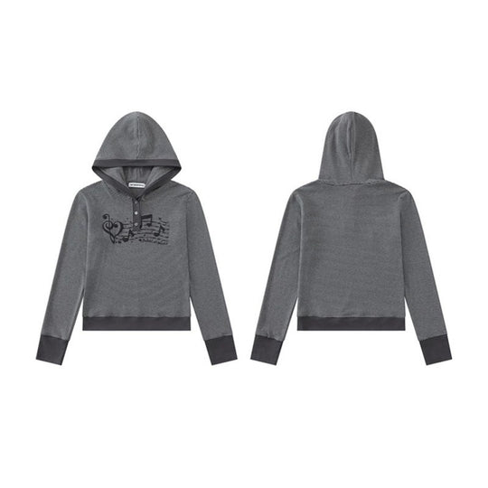 Damen Kapuzen-Henley-Pullover aus leichtem Streifenjersey mit Musik-Print Nord Taschen