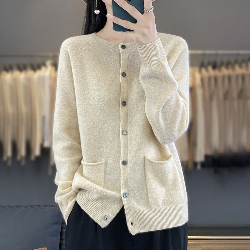 Damen Langer Feinstrick-Cardigan mit Rundhalsausschnitt, Eingrifftaschen und Alpaka-Mix Nord Taschen