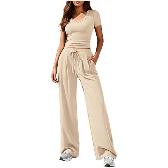 Damen Lässiges Lounge-Set mit tailliertem V-Ausschnitt bauchfreiem Top und weitem Kordelbund-Hose Nord Taschen