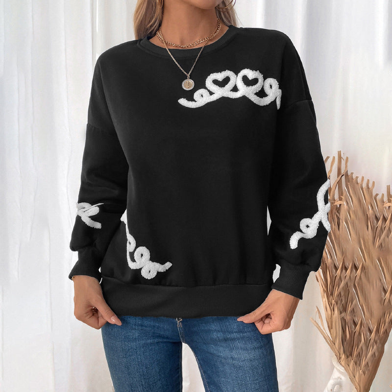 Damen Lässiges Oversize‑Sweatshirt mit Chenille‑Herzapplikation, Rundhalsausschnitt und gerippten Bündchen Nord Taschen