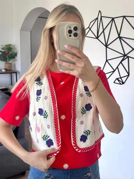 Damen Bestickte Kurz-Weste im Boho‑Chic mit floralen Applikationen Nord Taschen
