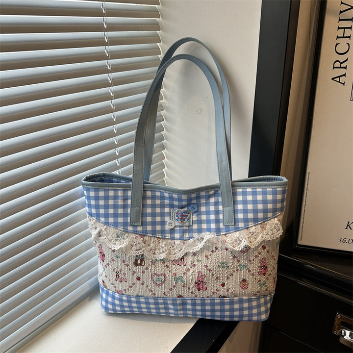 Damen Shopper-Tasche mit romantischem Karomuster und zarten Spitzendetails Nord Taschen