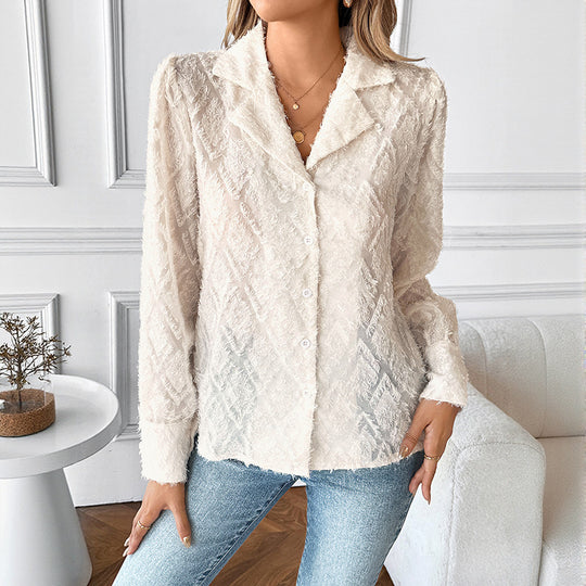 Damen Transparente Strukturbluse mit Fransenoptik, Hemdkragen und durchgehender Knopfleiste Nord Taschen