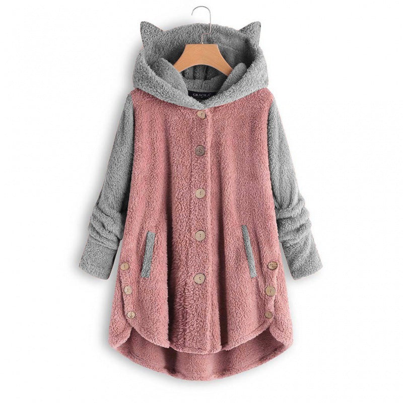 Damen Kuschelige Kapuzen‑Teddyjacke mit Katzenohren, Holzknopf‑Details und High‑Low‑Saum Nord Taschen