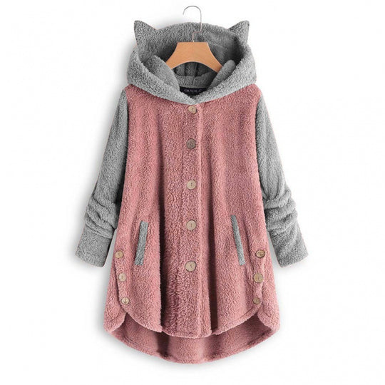 Damen Kuschelige Kapuzen‑Teddyjacke mit Katzenohren, Holzknopf‑Details und High‑Low‑Saum Nord Taschen